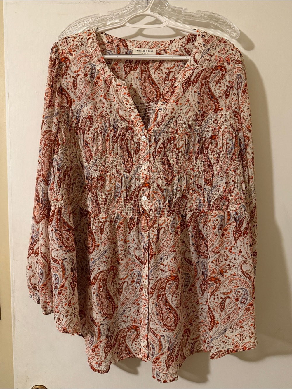 Skies Are Blue Rust & White Paisley Button-Front Tunic